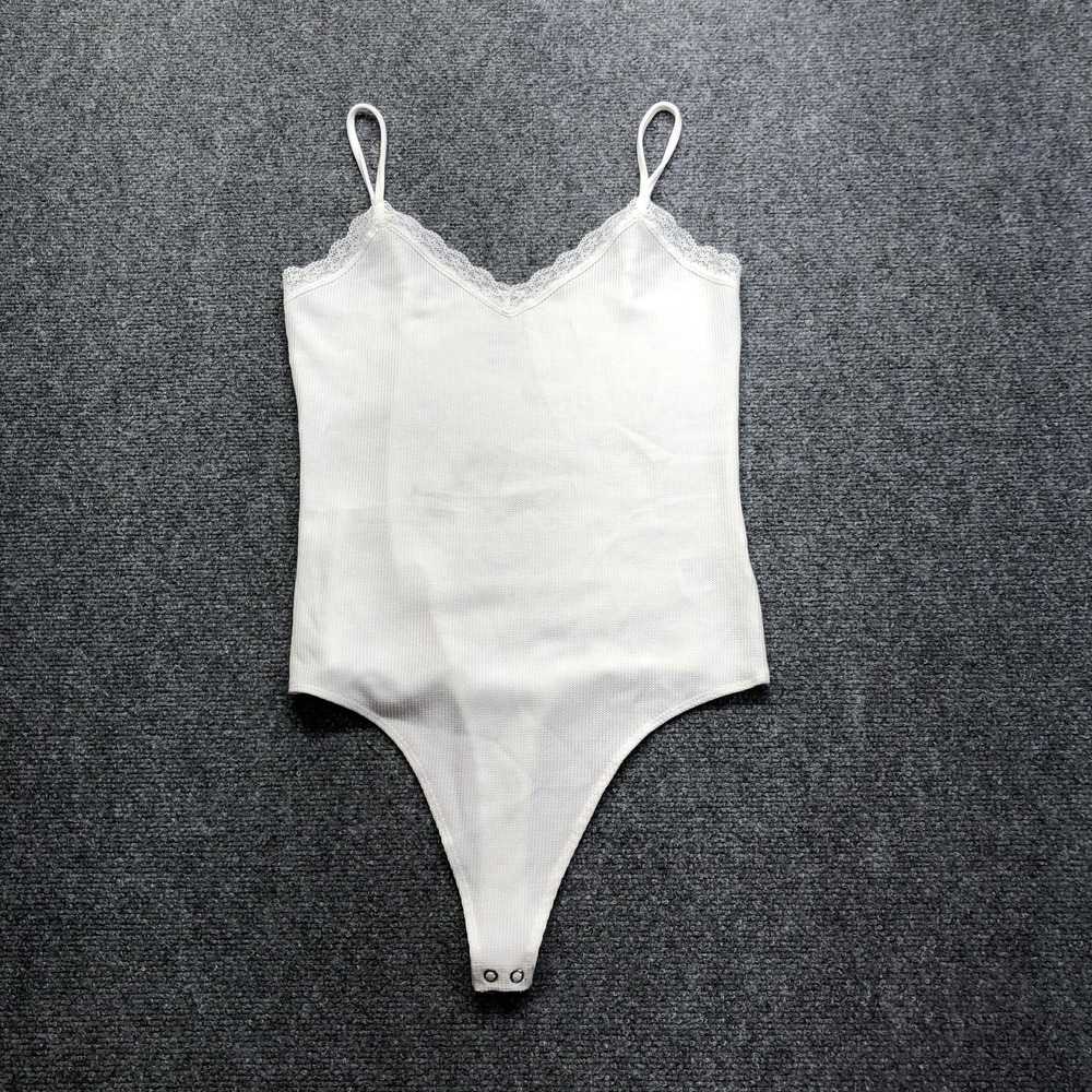 American Eagle Bodysuit Womens Large White Lace Trim Knit Adjustable Straps
